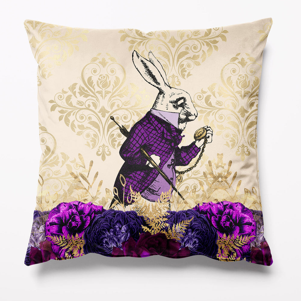 Alice in Wonderland White Rabbit Velvet Cushion in Purple and Gold