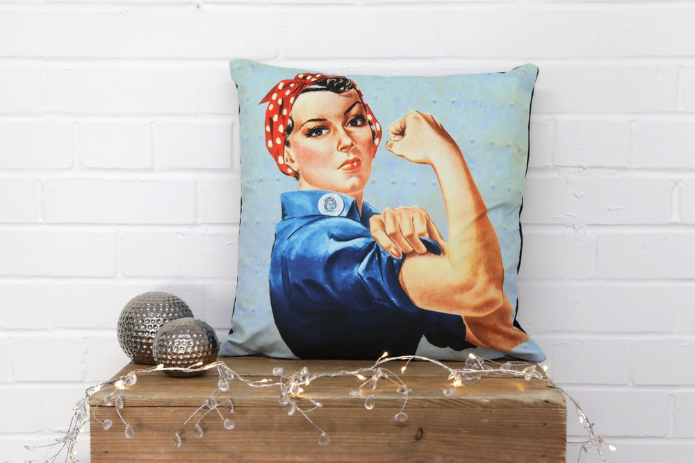 A luxurious velvet cushion, featuring Rosie Riviter, a Feminist Icon.  You can do it!  Made from luxurious velvet, would make a real statement on any sofa