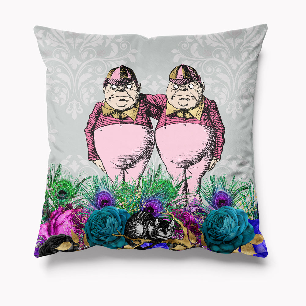 Alice in Wonderland Mardi Gras Grey Velvet Cushion - Tweedle Dum Tweedle Dee