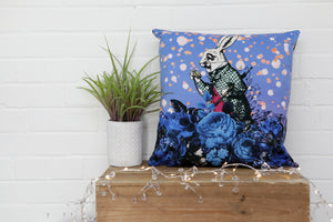 Alice in Wonderland Blue Rabbit Velvet Cushion - Kitsch Republic