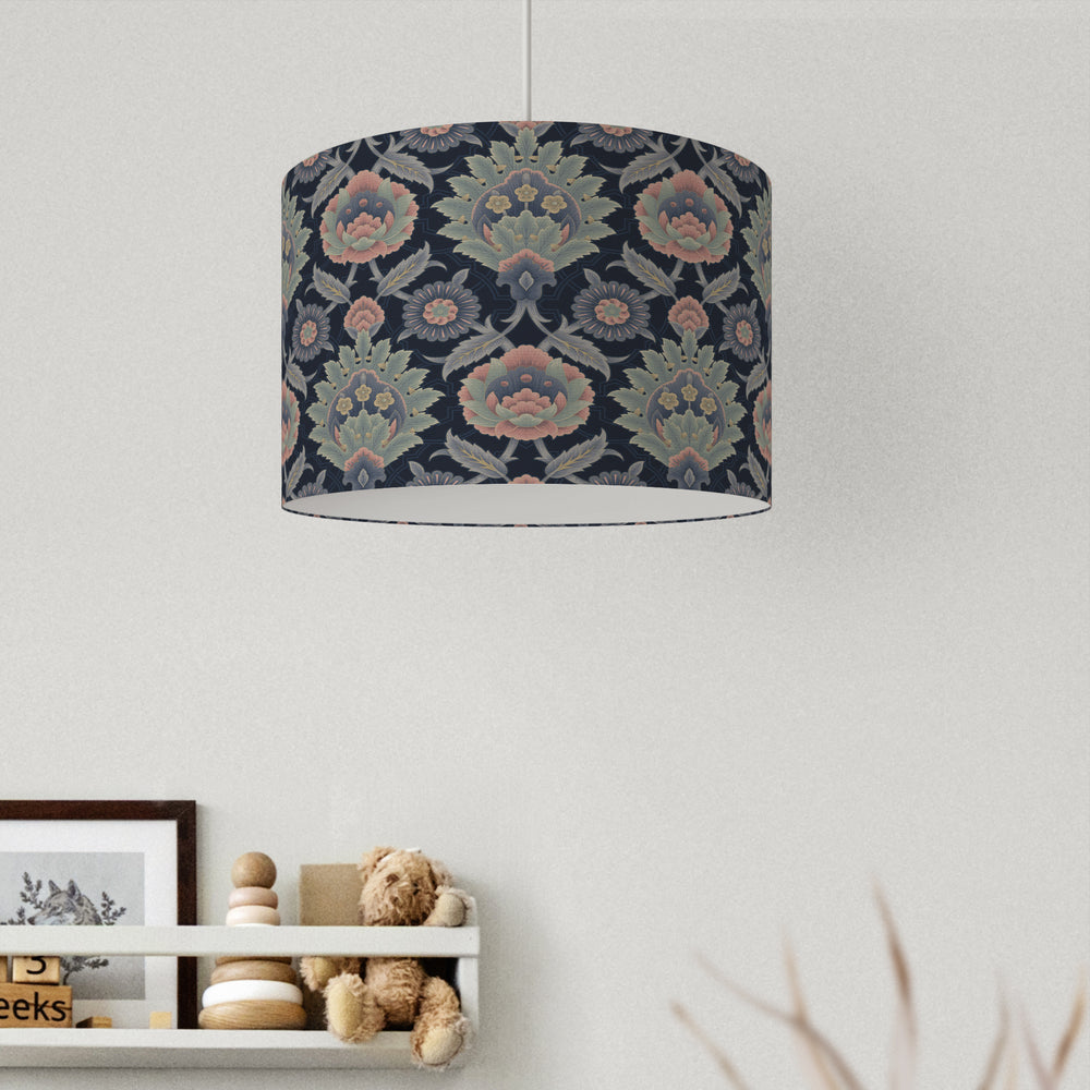 Muhtesem Navy Green Floral Turkish Pattern Print Velvet Lampshade