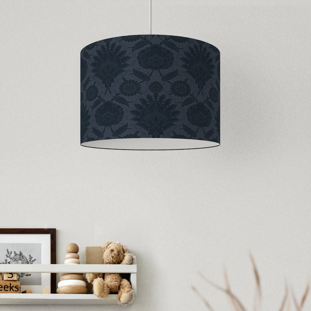 Muhtesem Dark Navy Floral Turkish Pattern Print Velvet Lampshade