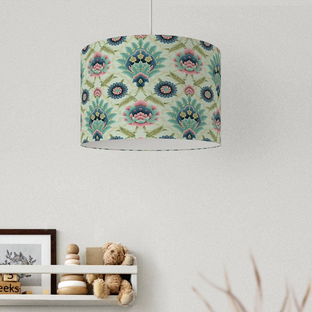 Muhtesem Sage Green Floral Turkish Pattern Print Velvet Lampshade