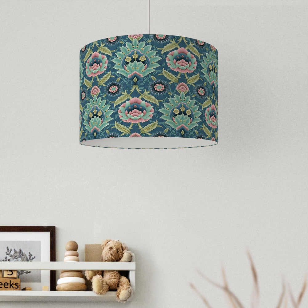 Muhtesem Blue Green Floral Turkish Pattern Print Velvet Lampshade