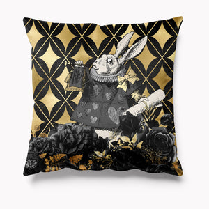 Outdoor Garden Cushion - Alice in Wonderland Black and Gold - White Rabbit