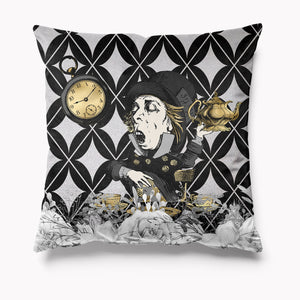 Outdoor Garden Cushion - Alice in Wonderland Black and Silver - Mad Hatter