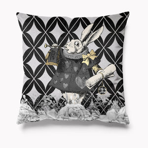 Outdoor Garden Cushion - Alice in Wonderland Black and Silver - White Rabbit