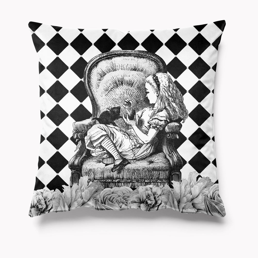 
            
                Load image into Gallery viewer, Outdoor Garden Cushion - Alice in Wonderland Black and White Alice
            
        
