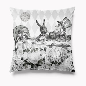 Outdoor Garden Cushion - Alice in Wonderland Black and White - Mad Hatters Tea Party Table