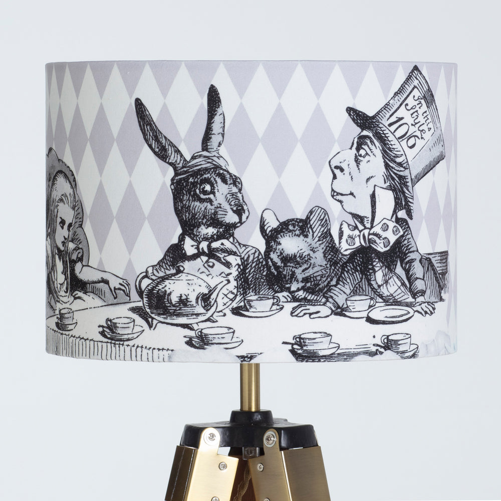 
            
                Load image into Gallery viewer, Velvet Alice in Wonderland Lampshade - Black White Grey Monochrome
            
        