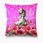Bright Pink Alice in Wonderland Velvet Cushion - Mad Hatter - Wonerland Homewares