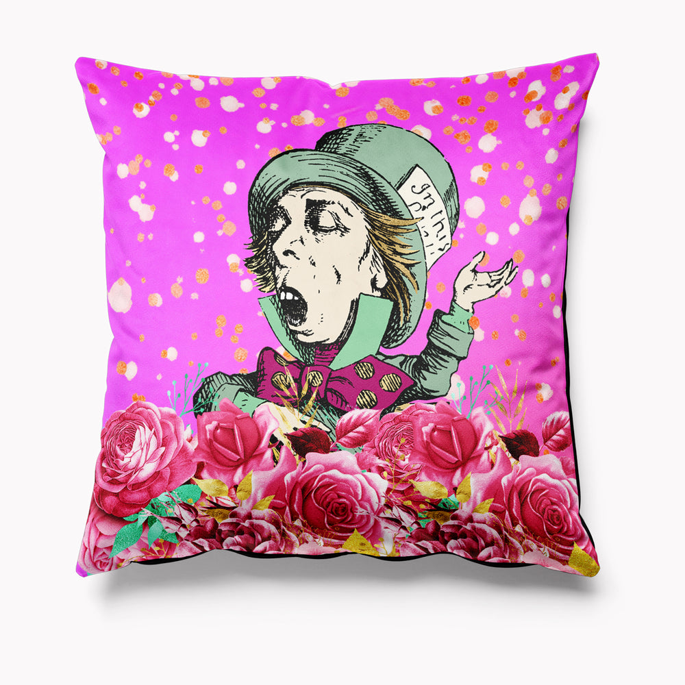 Alice in Wonderland Bright Pink Velvet Cushion - Mad Hatter