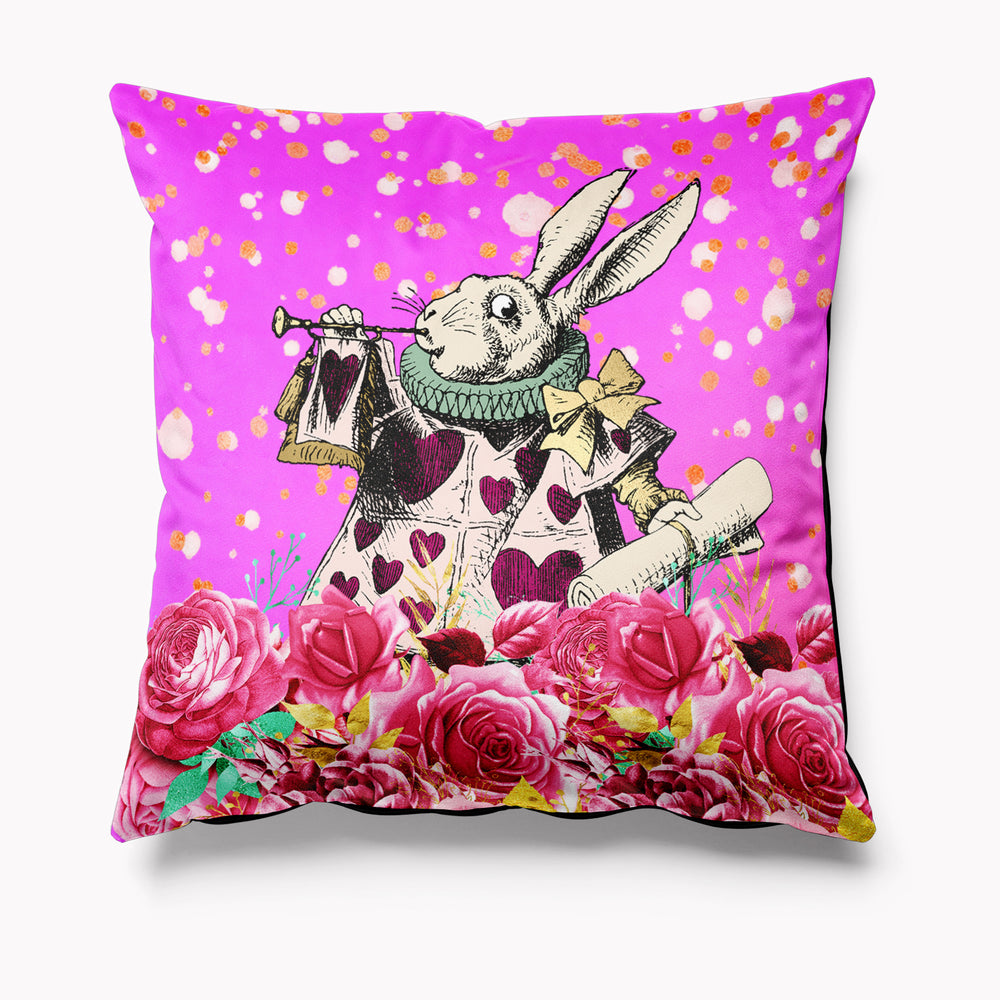 
            
                Load image into Gallery viewer, Alice in Wonderland Bright Pink Velvet Cushion - White Rabbit Hare
            
        