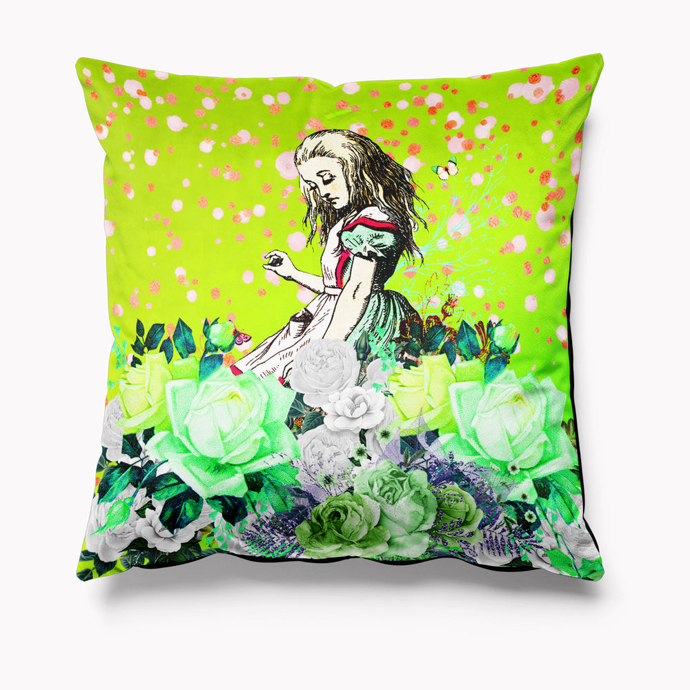 
            
                Load image into Gallery viewer, Alice in Wonderland Brights Collection - Green Velvet Cushion
            
        