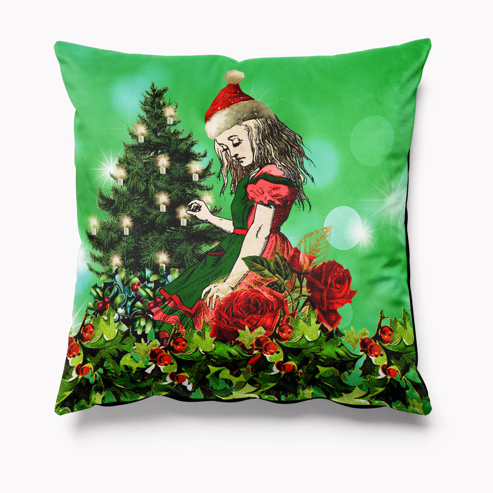 Holiday Cushion, Alice in Wonderland Christmas Velvet Cushion, Festive Season Decor, Scatter Cushion in Velvet