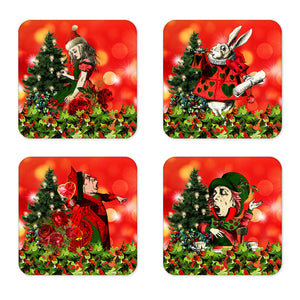 Alice in Wonderland Tea Party - Christmas Festive Alice Themed Coasters in Red