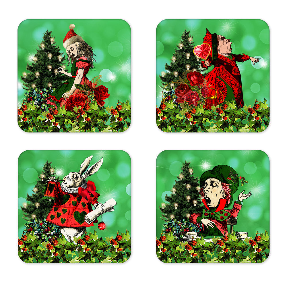 Alice in Wonderland Christmas Coaster Set in Green, Alice in Wonderland Mad Hatters Tea Party Gift