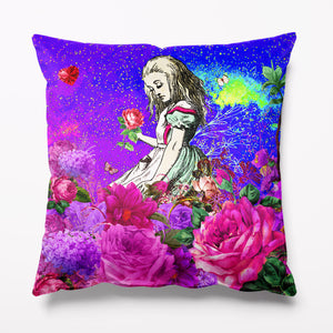 Alice in Wonderland Velvet Cushion in Purple and Blue, bright homewares and gifts
