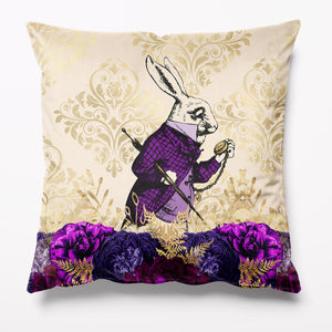 
            
                Load image into Gallery viewer, Alice in Wonderland White Rabbit Velvet Cushion in Purple and Gold
            
        