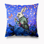 Alice in Wonderland Bright Blue Velvet Cushion - Hare - White Rabbit - Wonderland Stories Homeware
