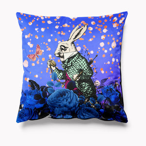 
            
                Load image into Gallery viewer, Alice in Wonderland Bright Blue Velvet Cushion - Hare - White Rabbit - Wonderland Stories Homeware
            
        