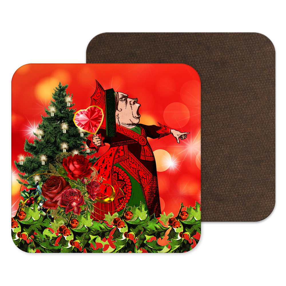 Alice in Wonderland Christmas Wood Coaster - Red Christmas Design, featuring the Queen of Hearts - Christmas Mad Hatters Tea Party
