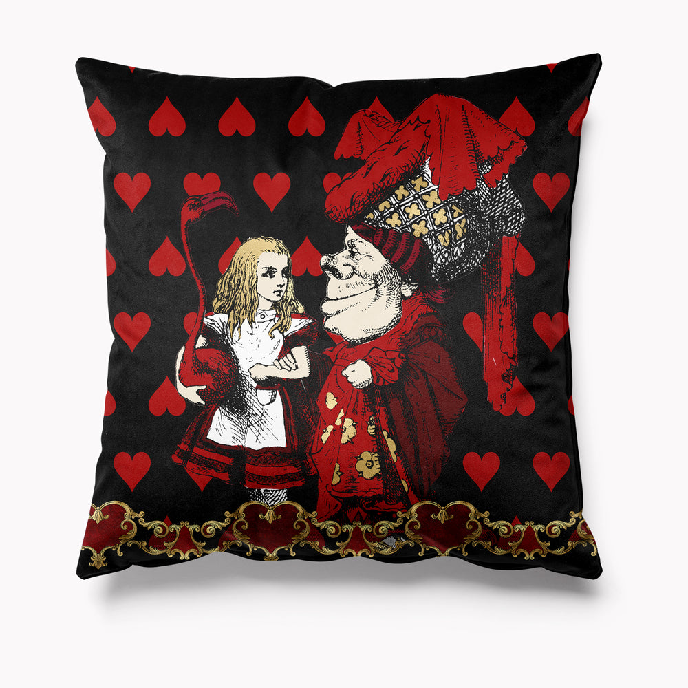 
            
                Load image into Gallery viewer, Outdoor Garden Cushion - Alice in Wonderland Black and Red Hearts Duchess
            
        