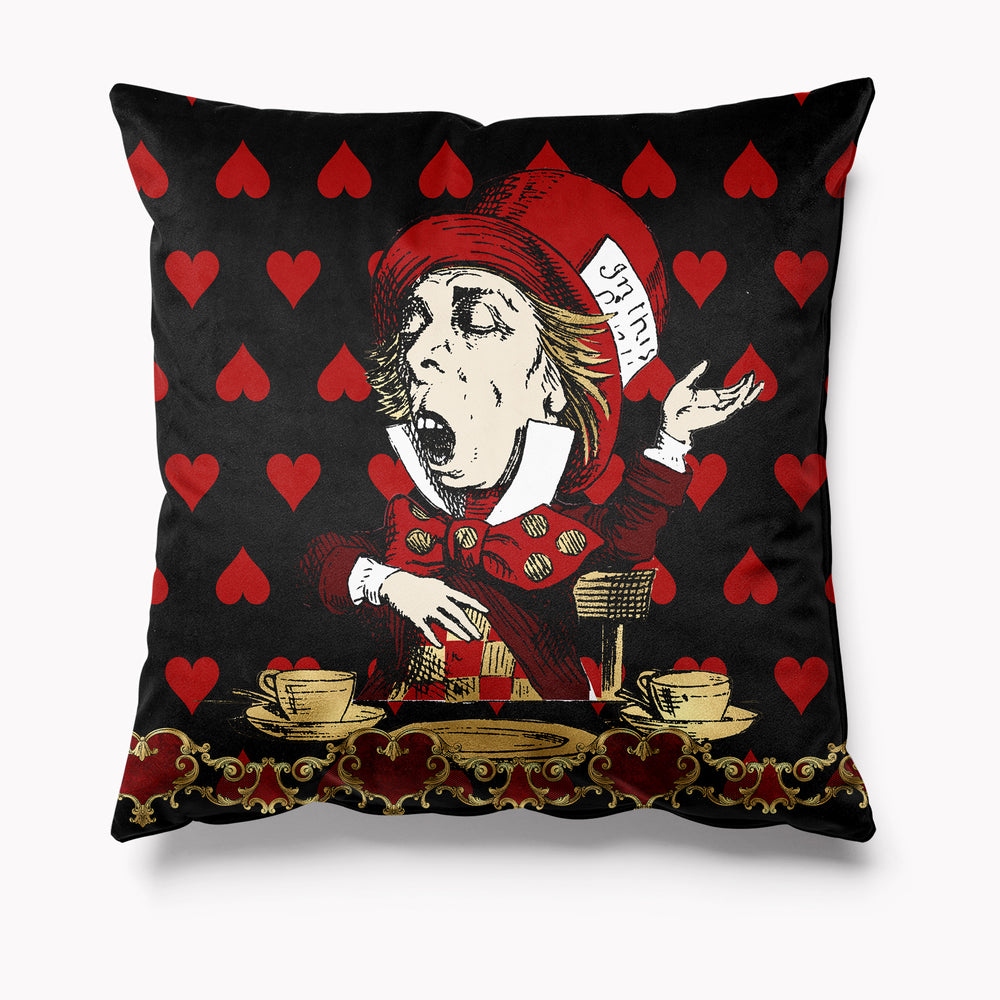 Outdoor Garden Cushion - Alice in Wonderland Black and Red Hearts Mad Hatter