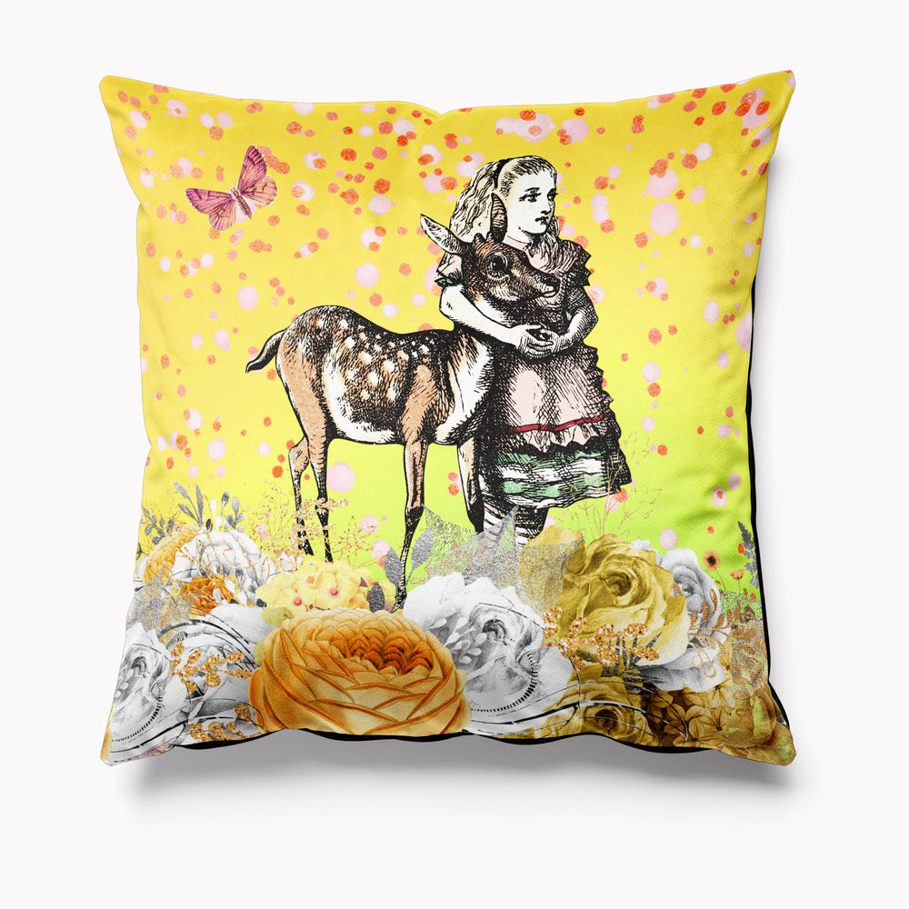 
            
                Load image into Gallery viewer, Alice in Wonderland, Yellow Velvet Cushion, Yellow Decor, Mad Hatters Tea Party
            
        