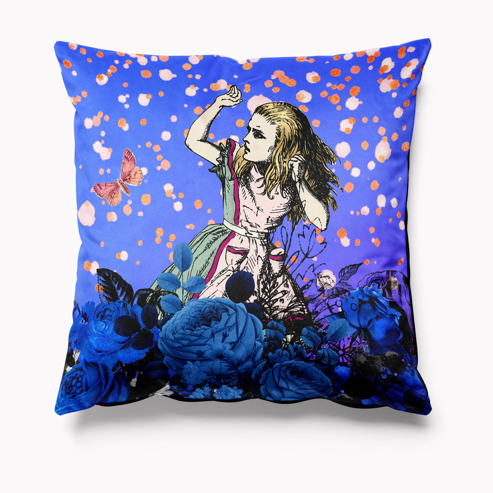 Alice in Wonderland Homewares, Velvet Cushions, Bright Blue Alice Scatter Cushion