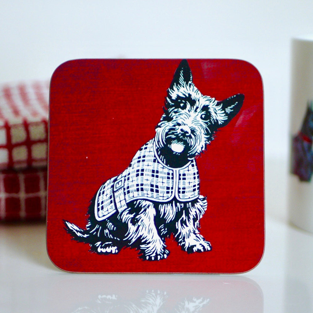 Scottie Dog - Scotty Dog Coaster with a red tartan background 