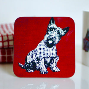 Scottie Dog - Scotty Dog Coaster with a red tartan background 