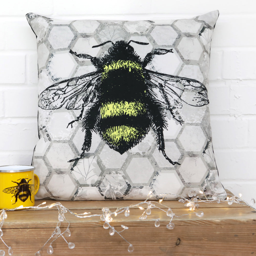 Grey Bee Velvet Cushion - Main Image