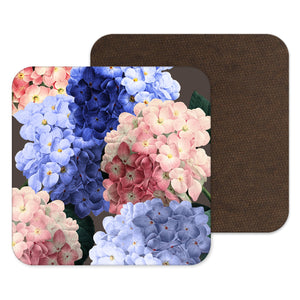 Pretty floral coaster with hydrangers, in pink, blue and purple