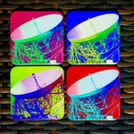 Jodrell Bank, Cheshire.  A set of four coasters featuring the Lovell Telescope in Cheshire, Greater Manchester