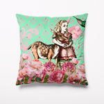 Alice in Wonderland Gift - Velvet Cushion in Green and Pink, with a Deer and Hummingbird
