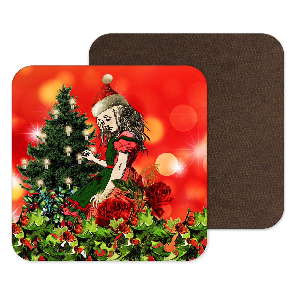 Christmas Alice in Wonderland Coaster - In a Festive Red colour, perfect for a Christmas Mad Hatters Tea Party