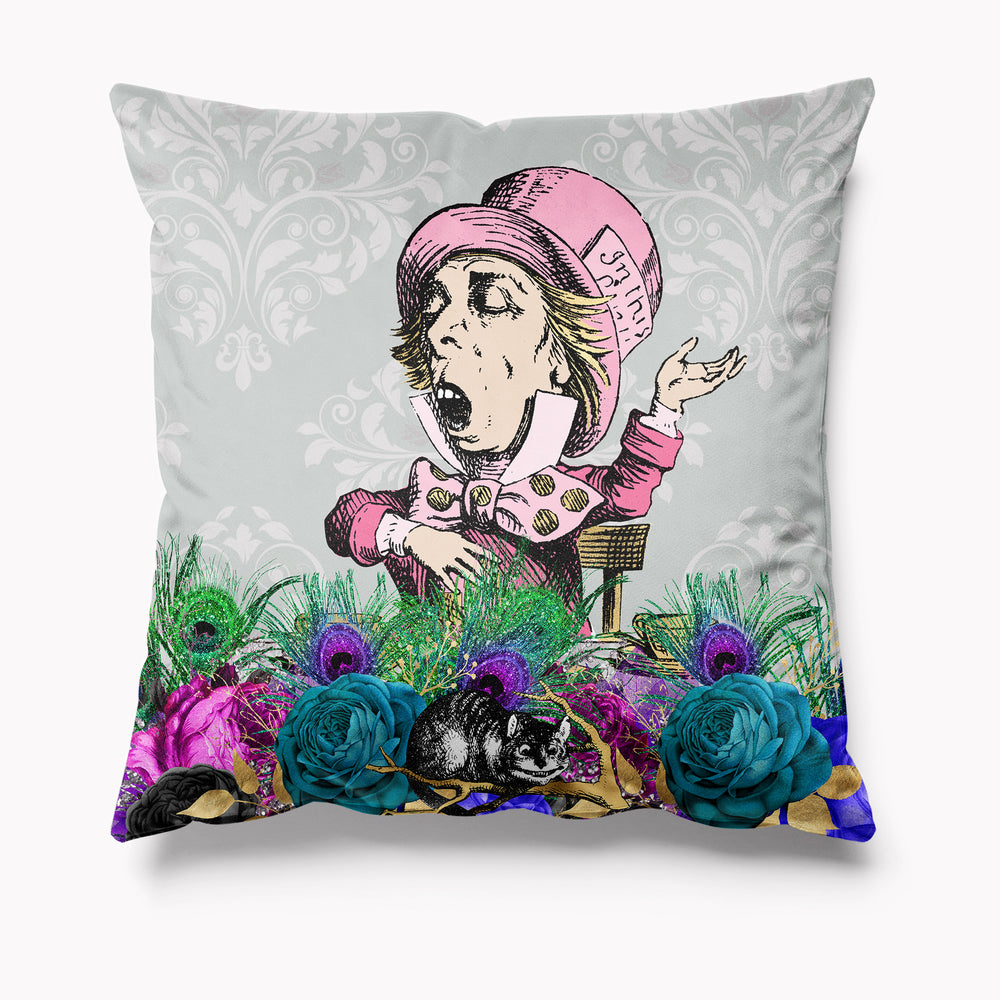 
            
                Load image into Gallery viewer, Alice in Wonderland Mardi Gras Grey Velvet Cushion - Mad Hatter
            
        