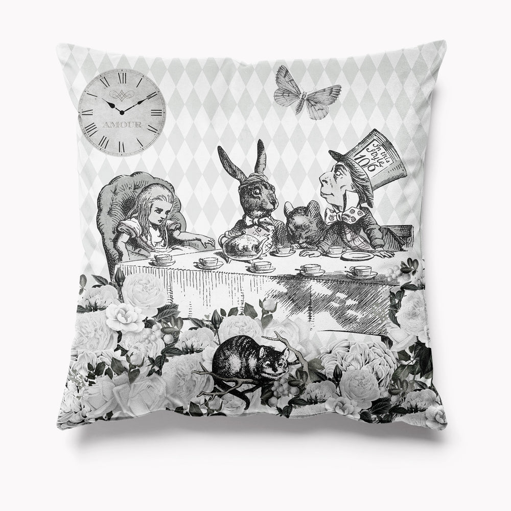 Black and White Mad Hatters Tea Party Velvet Cushion
