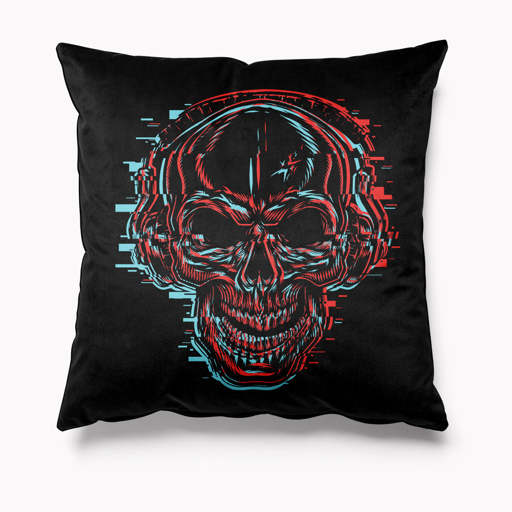Skull with Headphones Velvet Cushion, Halloween spooky gift, horror decor