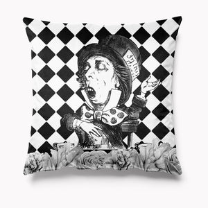 
            
                Load image into Gallery viewer, Alice in Wonderland Black and White Velvet Cushion - Mad Hatter
            
        
