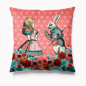 
            
                Load image into Gallery viewer, Alice in Wonderland Coral Velvet Cushion - Alice and White Rabbit
            
        