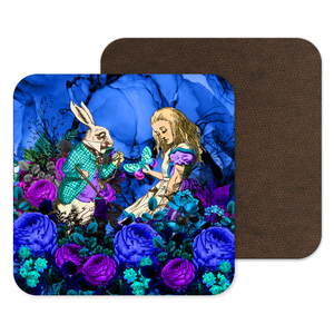 Alice in Wonderland Gift, Alice Coaster, Blue Floral Coaster, White Rabbit Drinks Mat