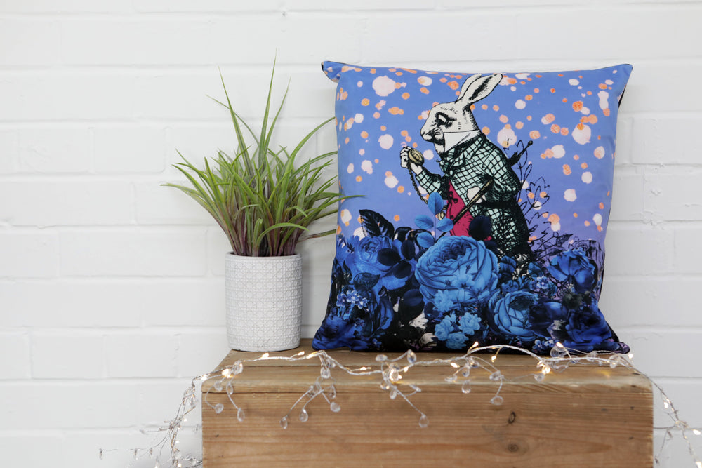 
            
                Load image into Gallery viewer, Alice in Wonderland Blue Rabbit Velvet Cushion - Kitsch Republic
            
        