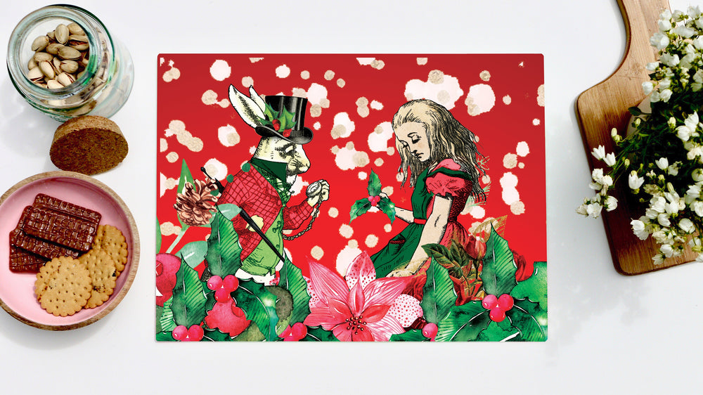 Alice in Wonderland Red Christmas Rectangle Worktop Saver / Serving Platter - Kitsch Republic