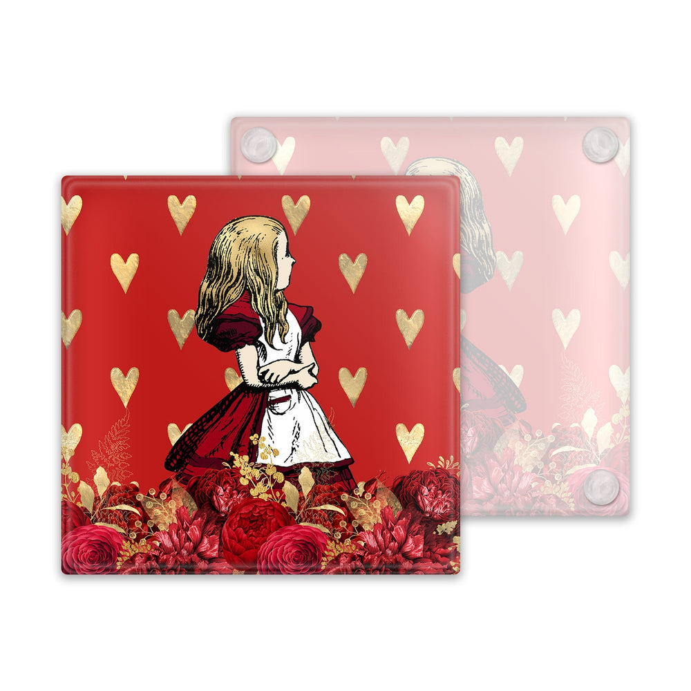 Alice in Wonderland Red Love Valentines Glass Coaster