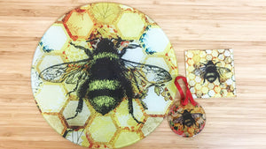 Yellow Patchwork Bee Glass Gift Set - Worktop Saver, Decoration & Coaster - Kitsch Republic