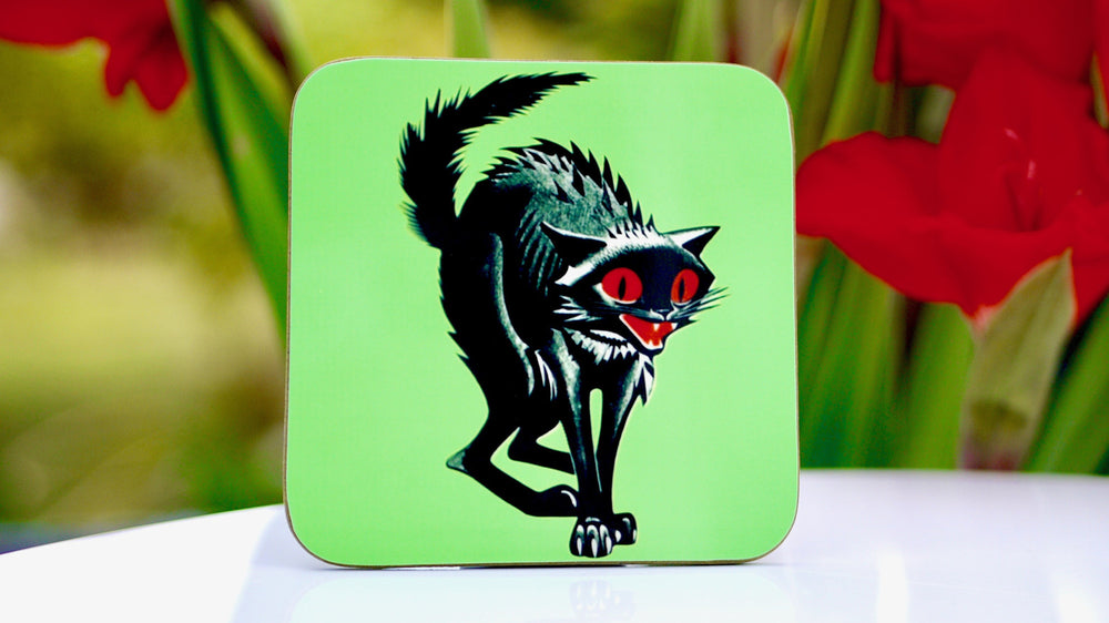 
            
                Load image into Gallery viewer, Scary Black Cat Green Coaster - Kitsch Republic
            
        