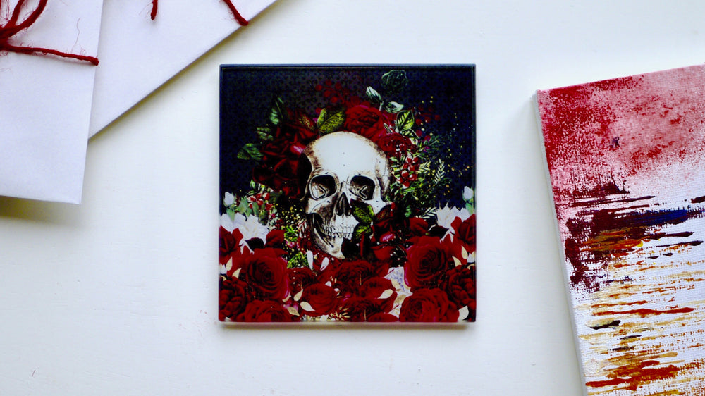 Black and Red Skull Floral Glass Coaster - Kitsch Republic