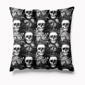 Skull and Roses Black and White Velvet Cushion